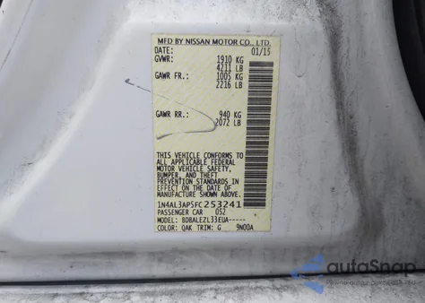 2015 Nissan Altima z USA, uszkodzony, nr VIN 1N4AL3AP5FC253241